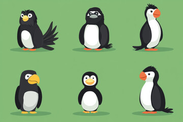 Obraz premium Cartoon penguins and puffins on green background