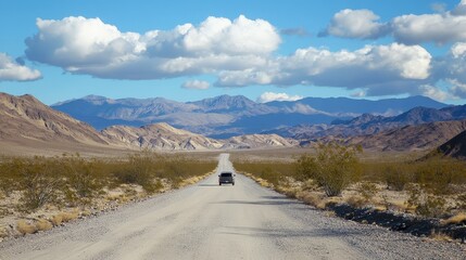 A car driving through a desert landscape with a long empty road ahead