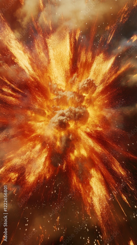Poster dynamic flame waves exploding outward, vivid reds and yellows engulfing the scene, creating an abstr
