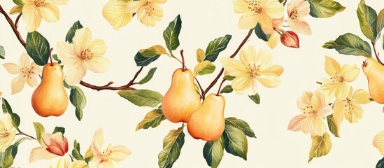 Delicate yellow pears and soft floral designs intertwine on a light cream background creating a harmonious seamless fabric pattern.