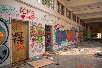 A decaying building's interior hallway is adorned with vibrant graffiti art, showcasing a range of styles and colors on the walls and boarded-up doors.