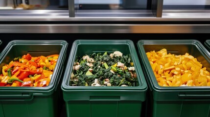 Colorful assortment of chopped vegetables in green bins at a modern kitchen preparation area