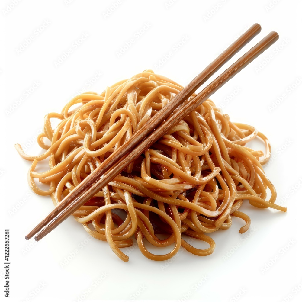 Poster cooked noodles with chopsticks on a white background, creating a simple yet appetizing image