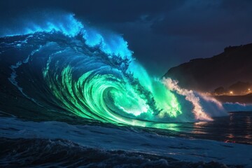 Fototapeta premium A mesmerizing nighttime ocean wave, glowing with vibrant teal and green bioluminescence