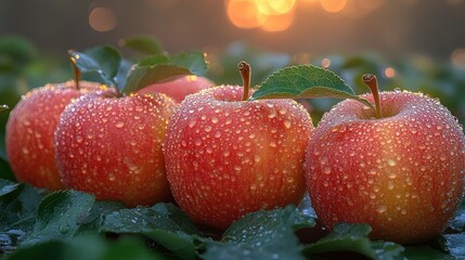 Juicy Red Apples glistening with morning dew, a picturesque scene of orchard freshness at sunrise.