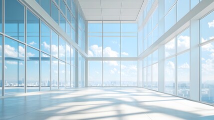Bright modern office space with expansive windows, minimalistic design, ideal for professional meetings or creative work.