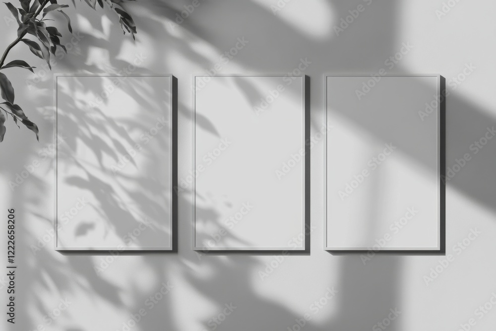 Aufkleber blank poster mockup in minimalist style on a floating gray background with crisp shadows and fresh g