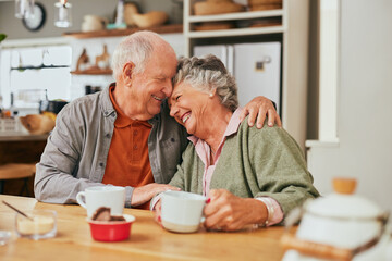 Lovely old couple embracing and smiling in kitchen