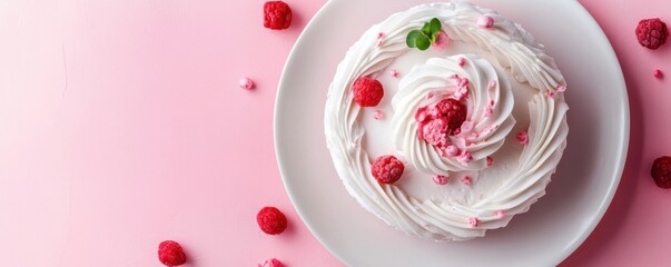 Fototapeta premium Delicious raspberry cake with whipped cream on pink background
