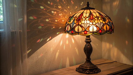 vintage lamp with stained glass shade casting colorful patterns on wall