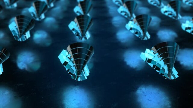 Multiple conical scale-like structures in a glossy blue finish arranged on a dark floor