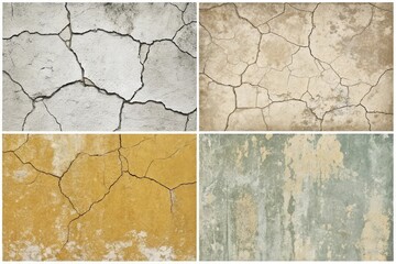 Obraz premium A Collection of Four Distressed Wall Textures Featuring Cracks and Flaking Paint in Various Colors