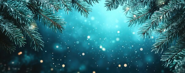 Festive winter background with snowflakes and pine branches on a blue gradient