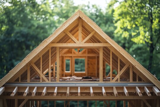 Triangular wooden roof framework with open beams, set against a lush green forest background