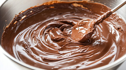 Close-up of melted chocolate being mixed in a bowl
