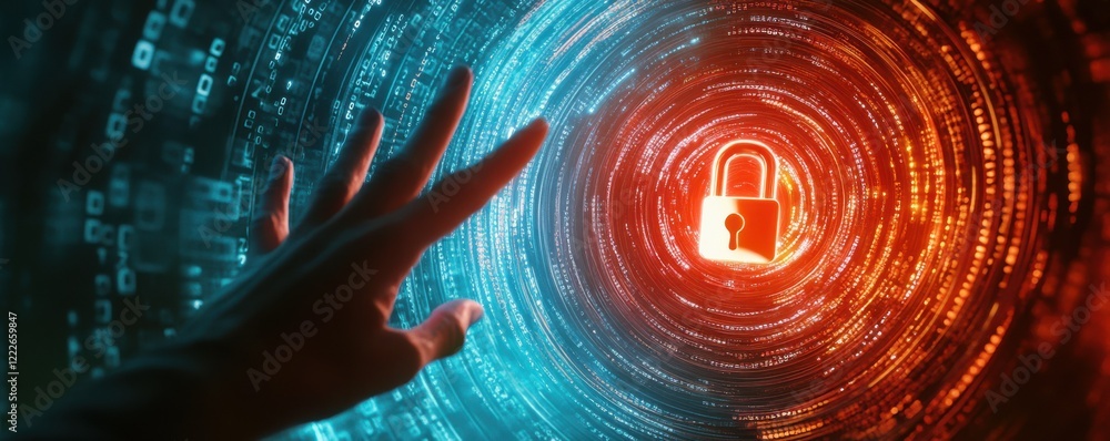 Poster digital security concept with hand reaching for glowing lock in data tunnel