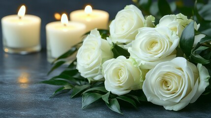 Obraz premium A Beautiful Bouquet of Mourning Roses and White Candles on the Table, Set Against a Dark Background, Evoking a Somber and Reflective Atmosphere, with Space for Text.