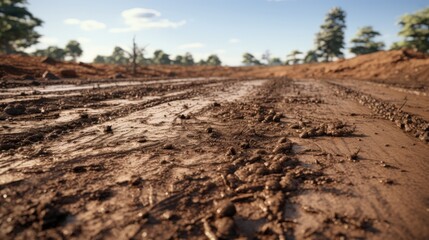 Line of wet dirt road with tire tracks under blue sky and trees in the background, showcasing nature's rugged beauty and outdoor scenery
