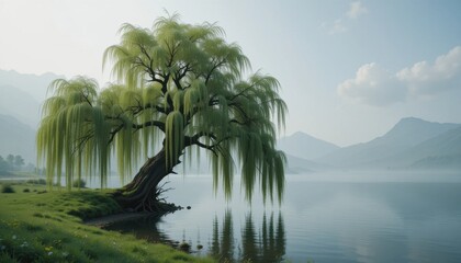 Serene Willow Tree by a Misty Lake, Perfect for Nature Lovers