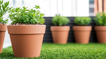 Fototapeta premium Gardening landscaping idea. Potted herbs on a balcony with a vibrant green backdrop for urban gardening.