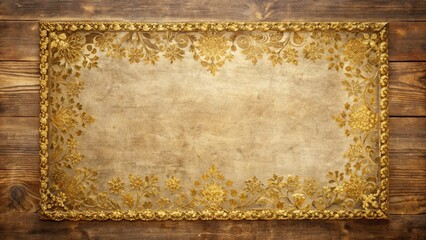 Distressed vintage paper with intricate gold leaf border on a wooden table surface , paper, texture,  paper, texture