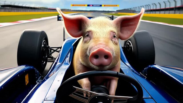 Racing pig takes the driver's seat in a thrilling motorsport competition on a sunny day
