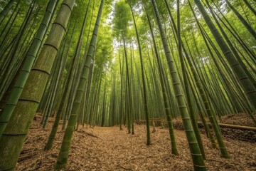 Fototapeta premium A Serene Path Through a Lush Bamboo Forest, Sunlight Dappling the Ground