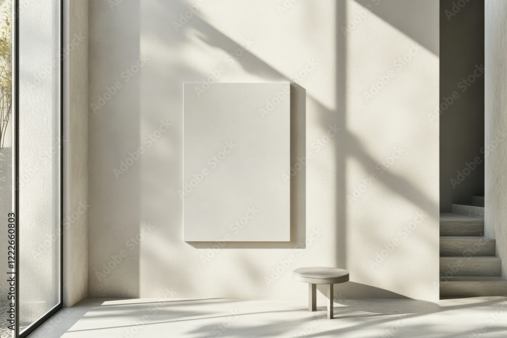 Poster creating a serene atmosphere with a blank white frame reflecting soft daylight and neutral tones in 
