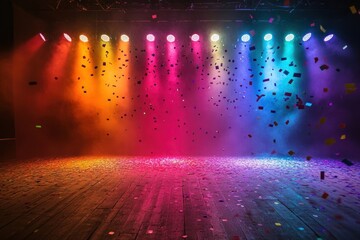 Stage with spotlights and confetti lighting celebration performance.