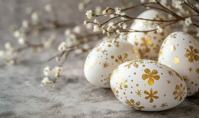 Obraz premium Decorative eggs with gold accents displayed on a textured surface for spring celebration