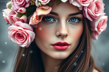 Naklejka premium Venetian mask, intricate blue and gold design, pink roses headdress, piercing blue eyes, soft lighting,