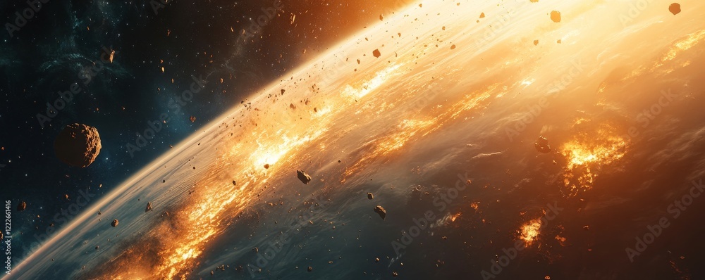 Poster fired asteroid meteor impact on earth planet. view from space.