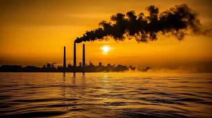Silhouette Against an Orange Sky with Dark Smoke Billowing from Industrial Chimneys, City Skyline in the Background, Representing Environmental Pollution and Air Degradation.