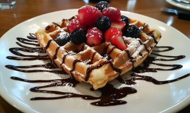Delicious waffle topped with fresh berries and chocolate drizzle