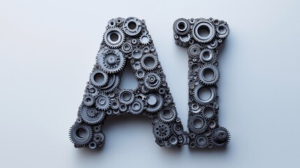 A 3D rendering of the letters "AI" constructed entirely from interlocking metal gears. The letters have a rusted, industrial appearance, suggesting a machine-like or robotic quality.