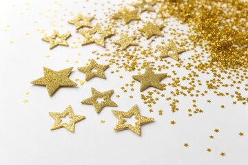 Obraz premium Golden Glitter Stars Scattered on White Background Festive Decoration