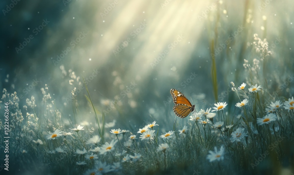 Poster flowers daisies in grass and butterfly in meadow in nature in rays of sunlight in summer or spring c