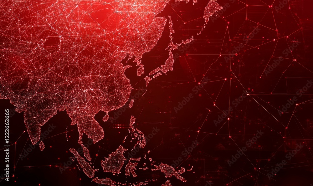 Poster digital representation of asia in red tones, symbolizing technology and cyber defense. intricate net
