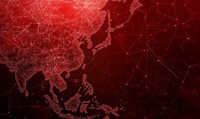 Digital representation of Asia in red tones, symbolizing technology and cyber defense. intricate network design highlights strategic importance of region in global tech dynamics