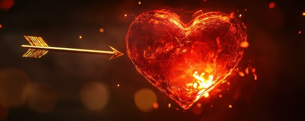Fiery arrow piercing a heart with glowing sparks and flames