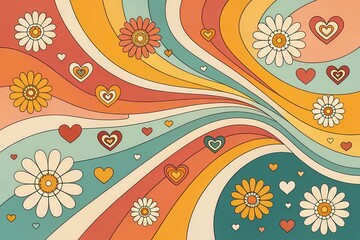 Retro Groovy Swirls A Whimsical Design of Hearts and Flowers