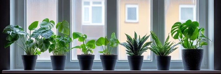 Fototapeta premium Indoor plants on windowsill, city view. Home decor, plant care