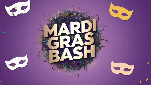 Mardi gras bash celebration with colorful masks and confetti on purple background