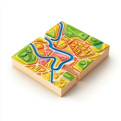 Colorful 3D City Map Model on Wooden Blocks - A Vibrant Urban Landscape Illustration