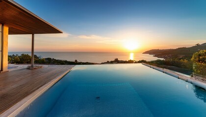 Fototapeta premium vista espectacular de una piscina infinita al atardecer en una lujosa villa junto al mar