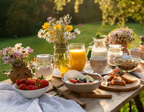 detalle de una mesa al aire libre decorada con flores y un desayuno saludable en un entorno natural