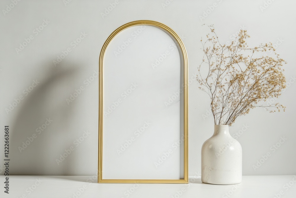 Poster elegant gold vertical frame with blank canvas and decorative vase on smooth gray background