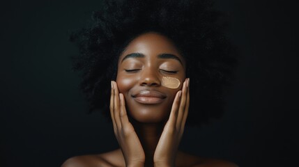 Beautiful african american woman applying skincare product on face with closed eyes, showcasing natural beauty and healthy skincare routine in dark background lighting