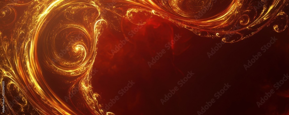 Poster glowing golden swirls on fiery red background in abstract design