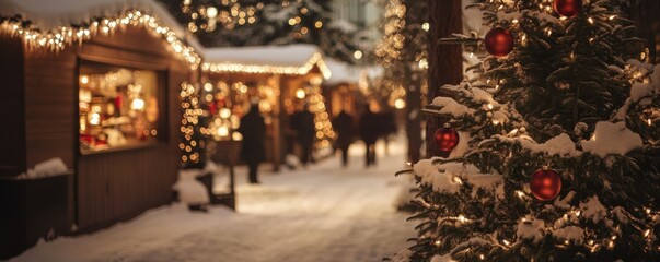 Naklejka premium Festive christmas market with snow-covered trees and illuminated lights